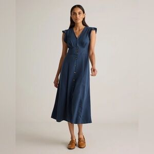 Quince Women Vintage Wash Tencel Button Front Midi Dress Blue L NWT